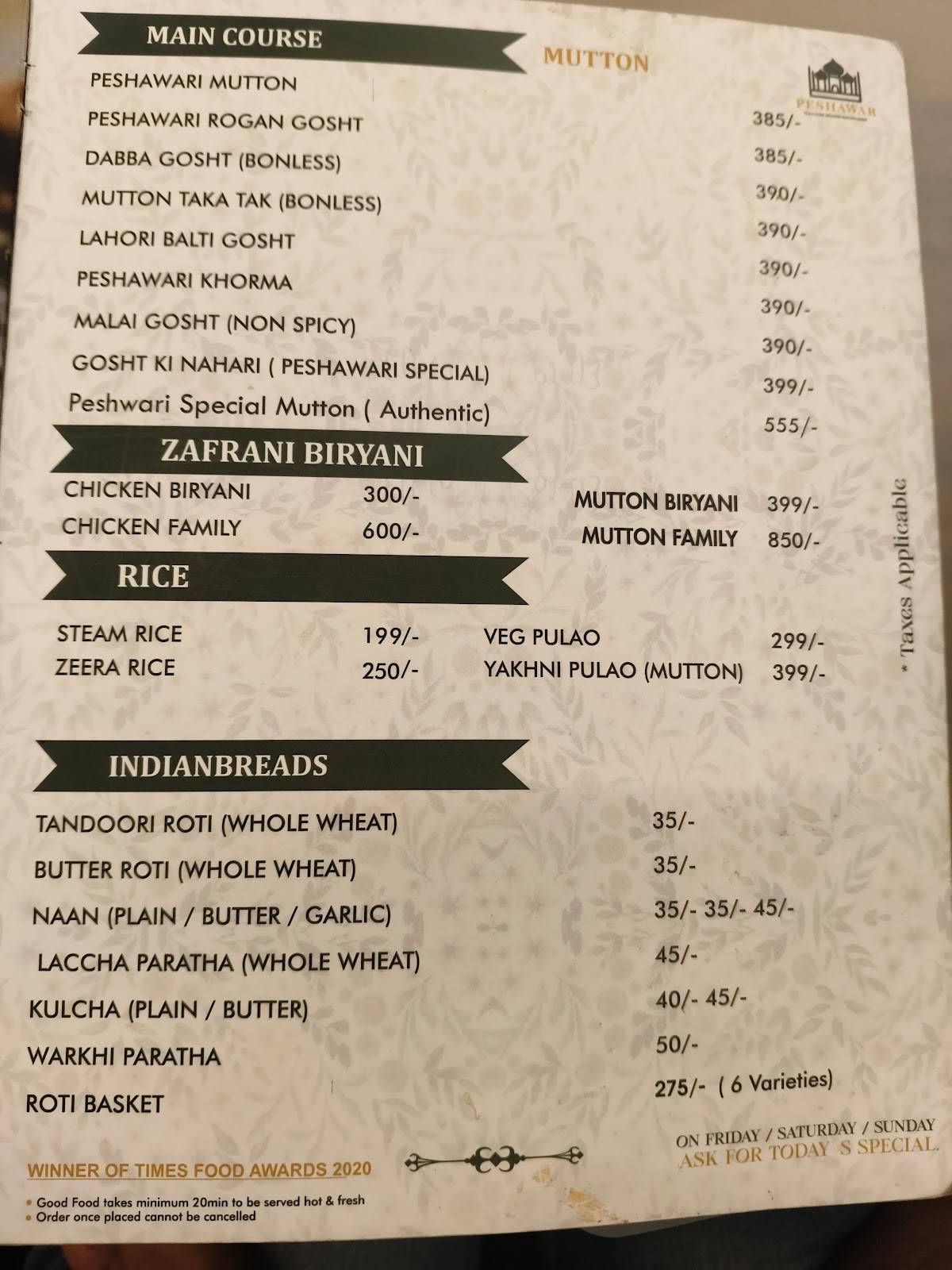 Peshawar Restaurant menu