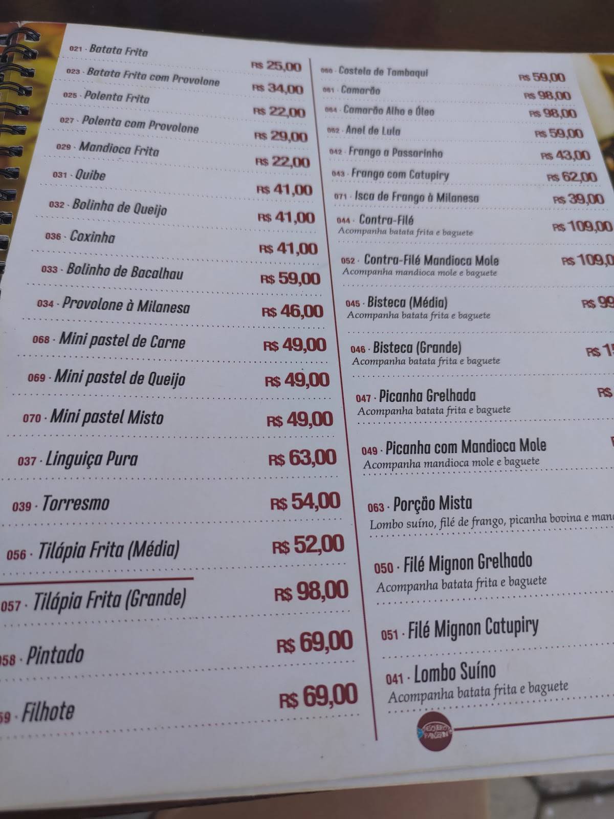 Pesqueiro Panserini Restaurante e Pousada cardápio