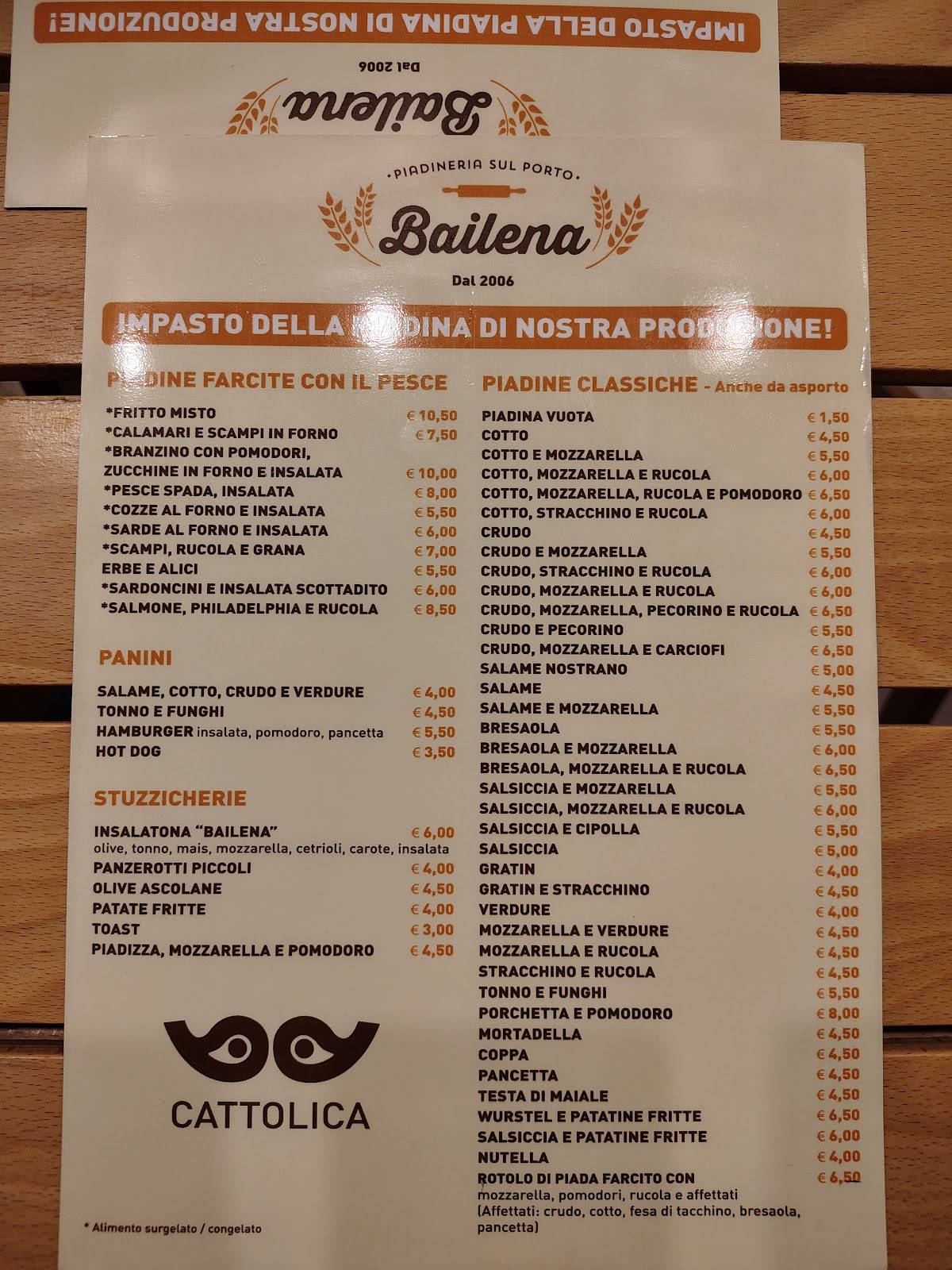 Menu di Piadineria Bailena 