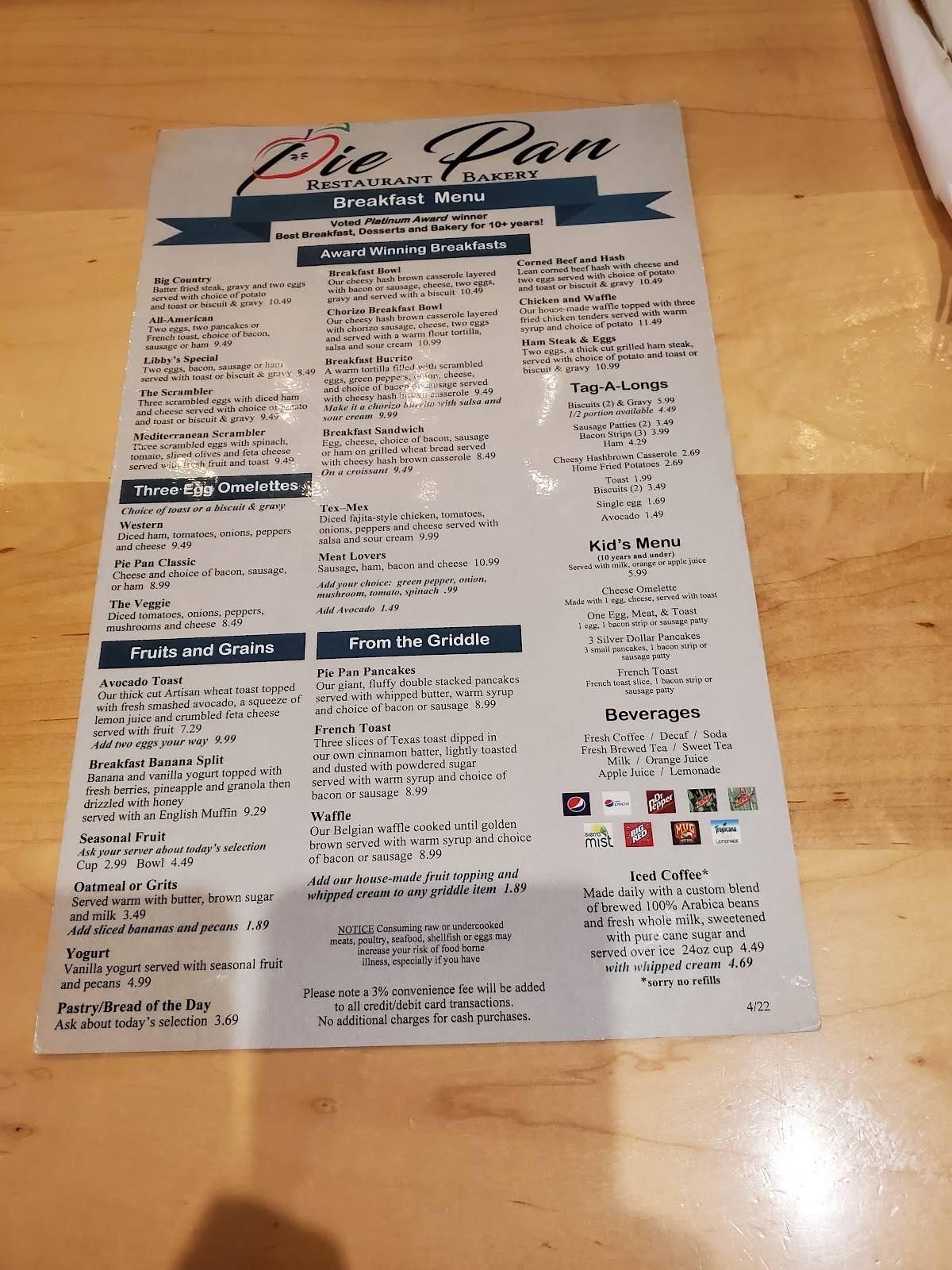 Menu at Pie Pan Restaurant & Bakery, Evansville