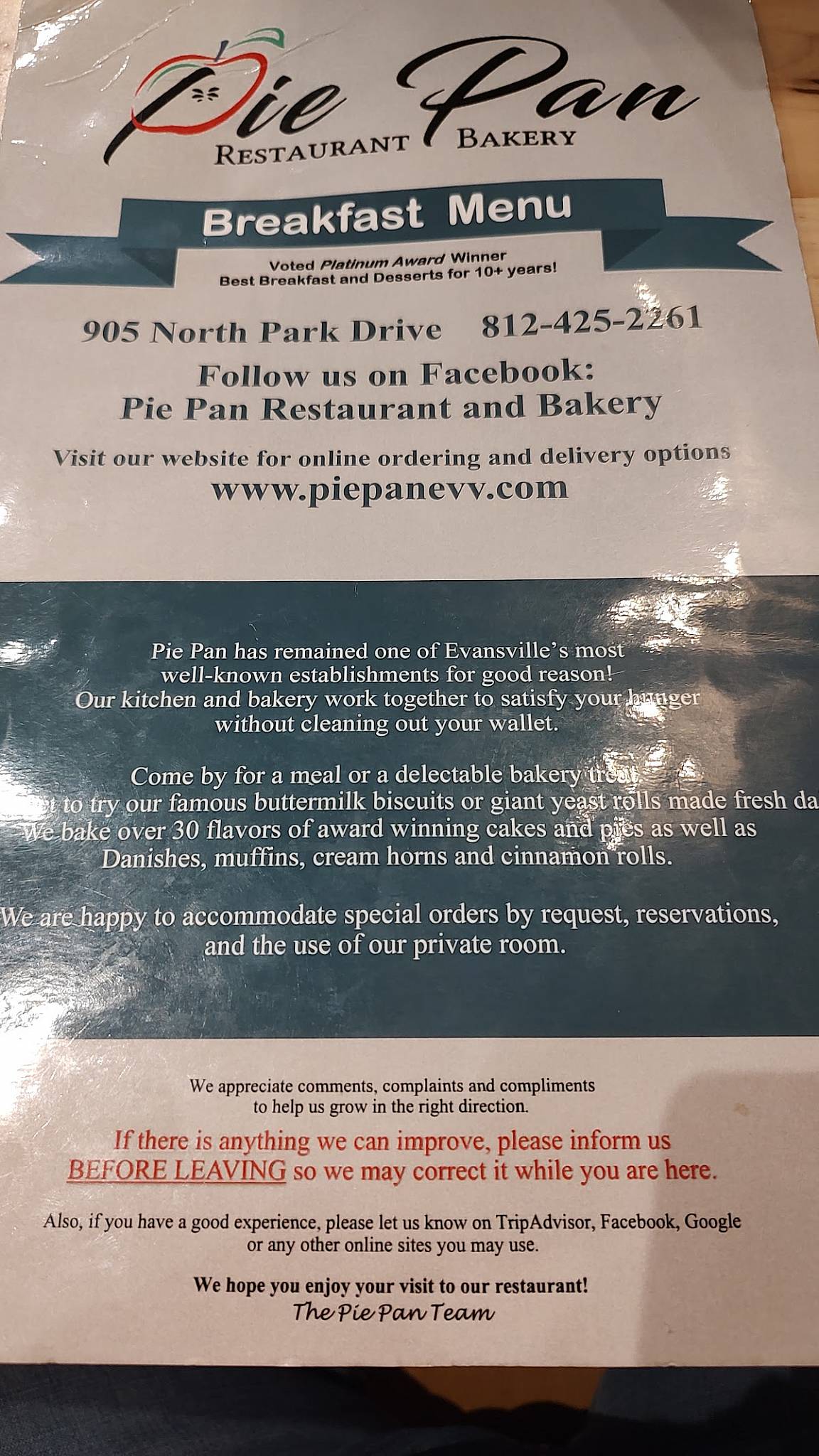 Menu at Pie Pan Restaurant & Bakery, Evansville