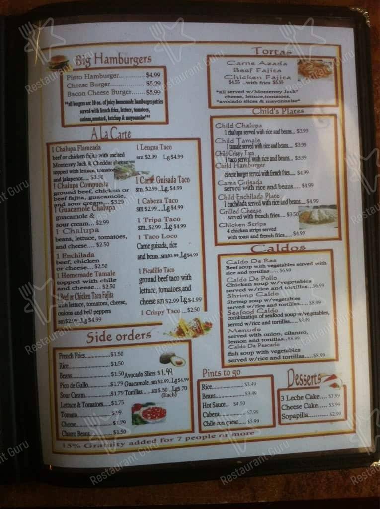 Menu at Pinto Bean restaurant, Edna