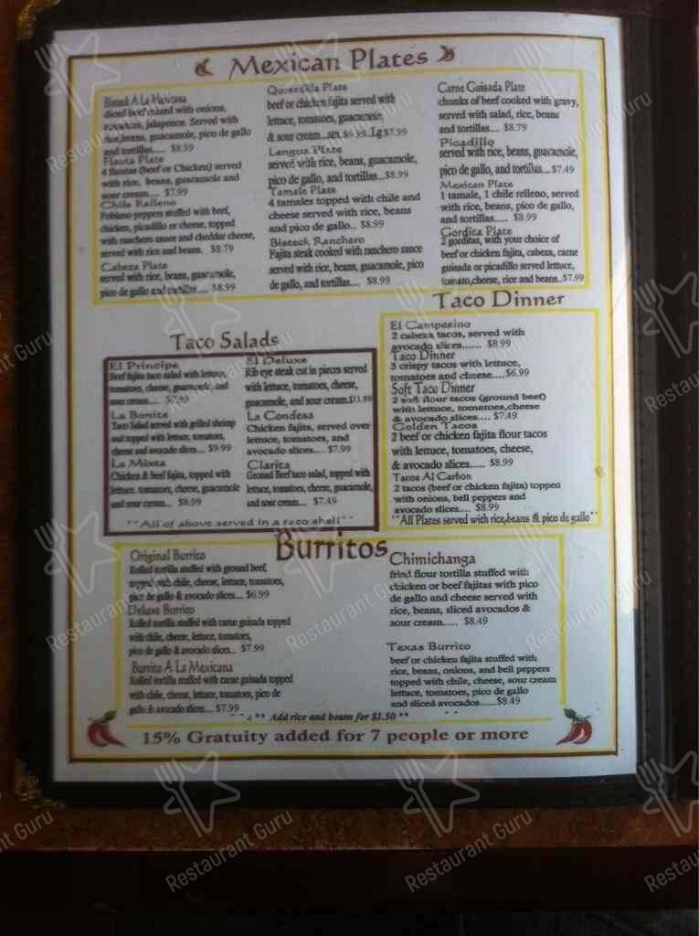 Menu at Pinto Bean restaurant, Edna