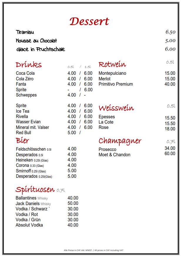 Menu di Pizza Picasso Basel 