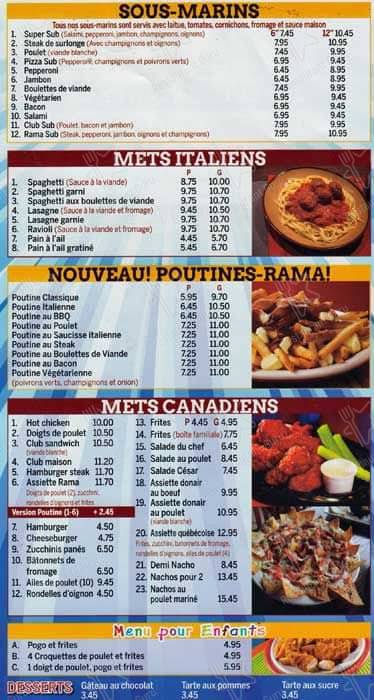 Menu de Pizzarama Gatineau