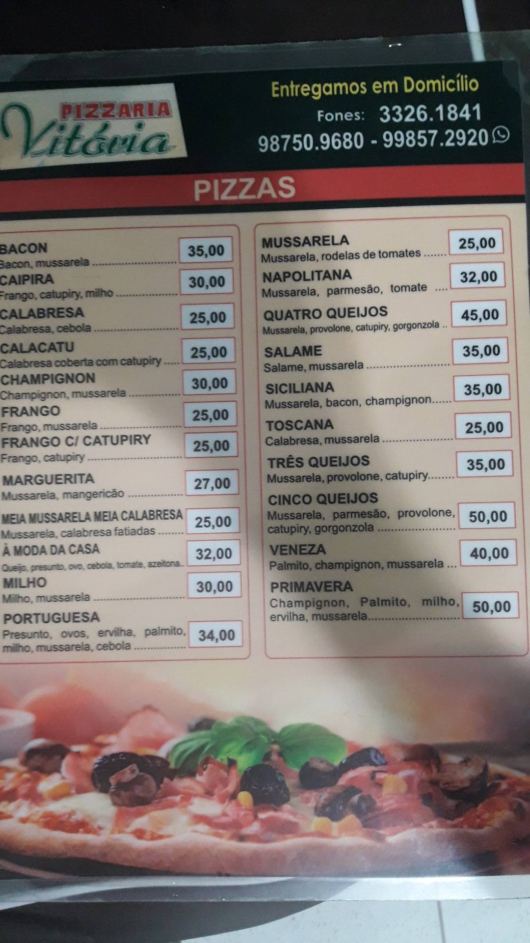 Pizzaria Vitória cardápio