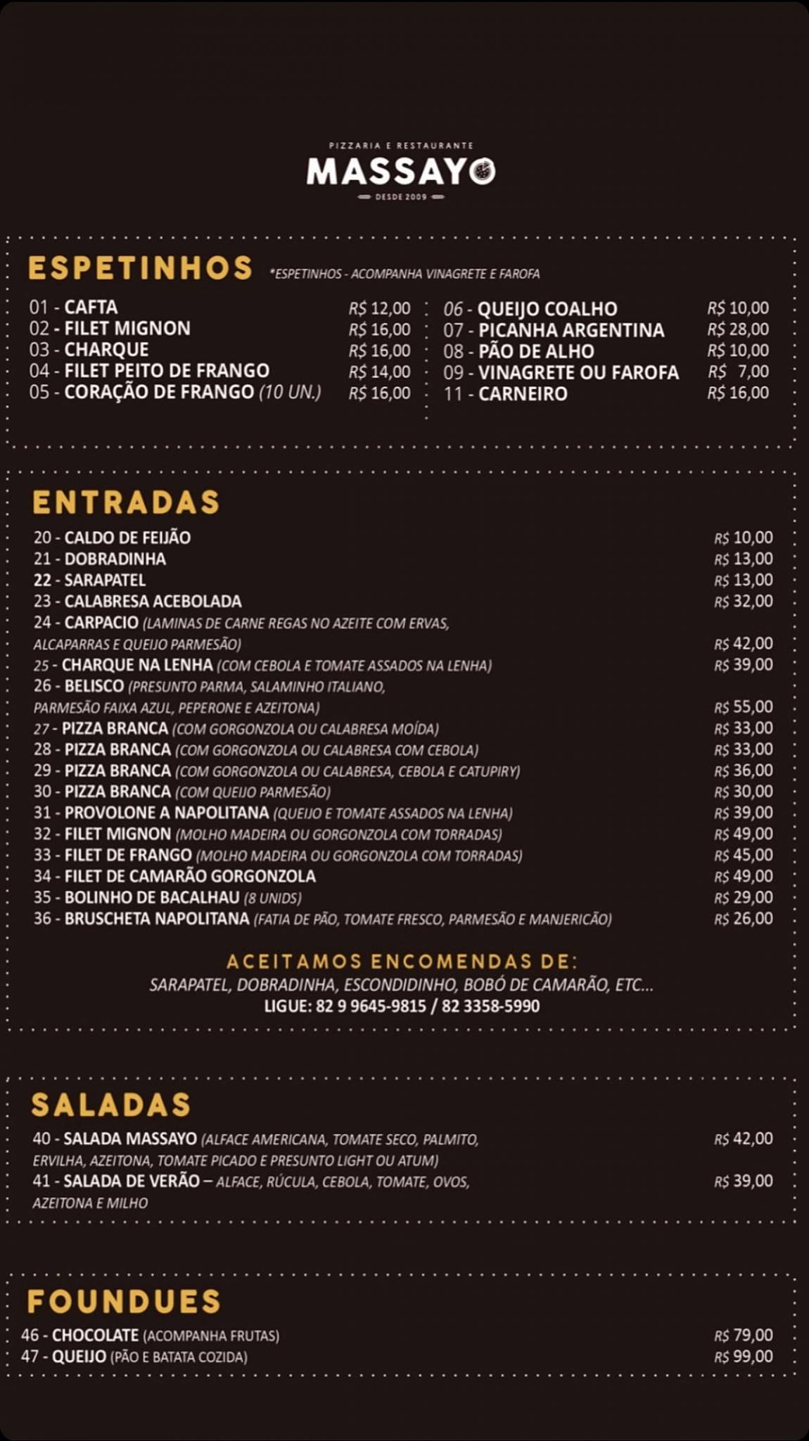 Pizzaria & Restaurante Massayó cardápio