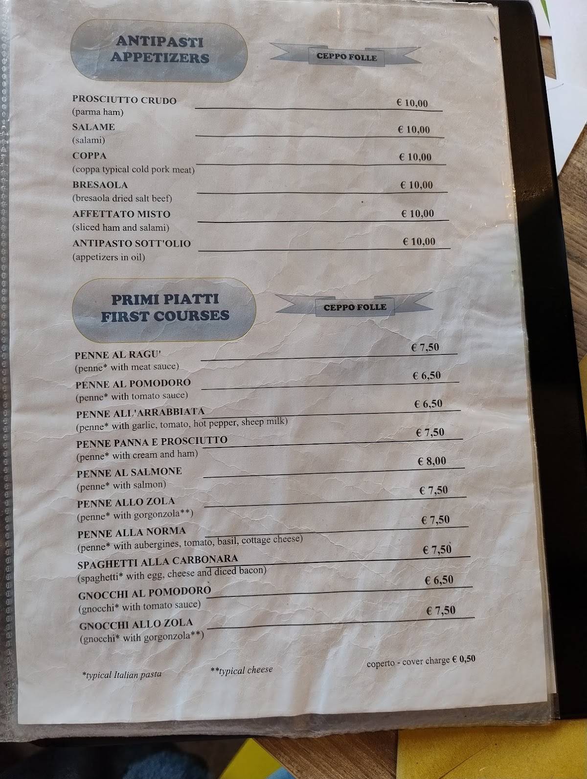 Menu di Pizzeria Al Ceppo Folle 