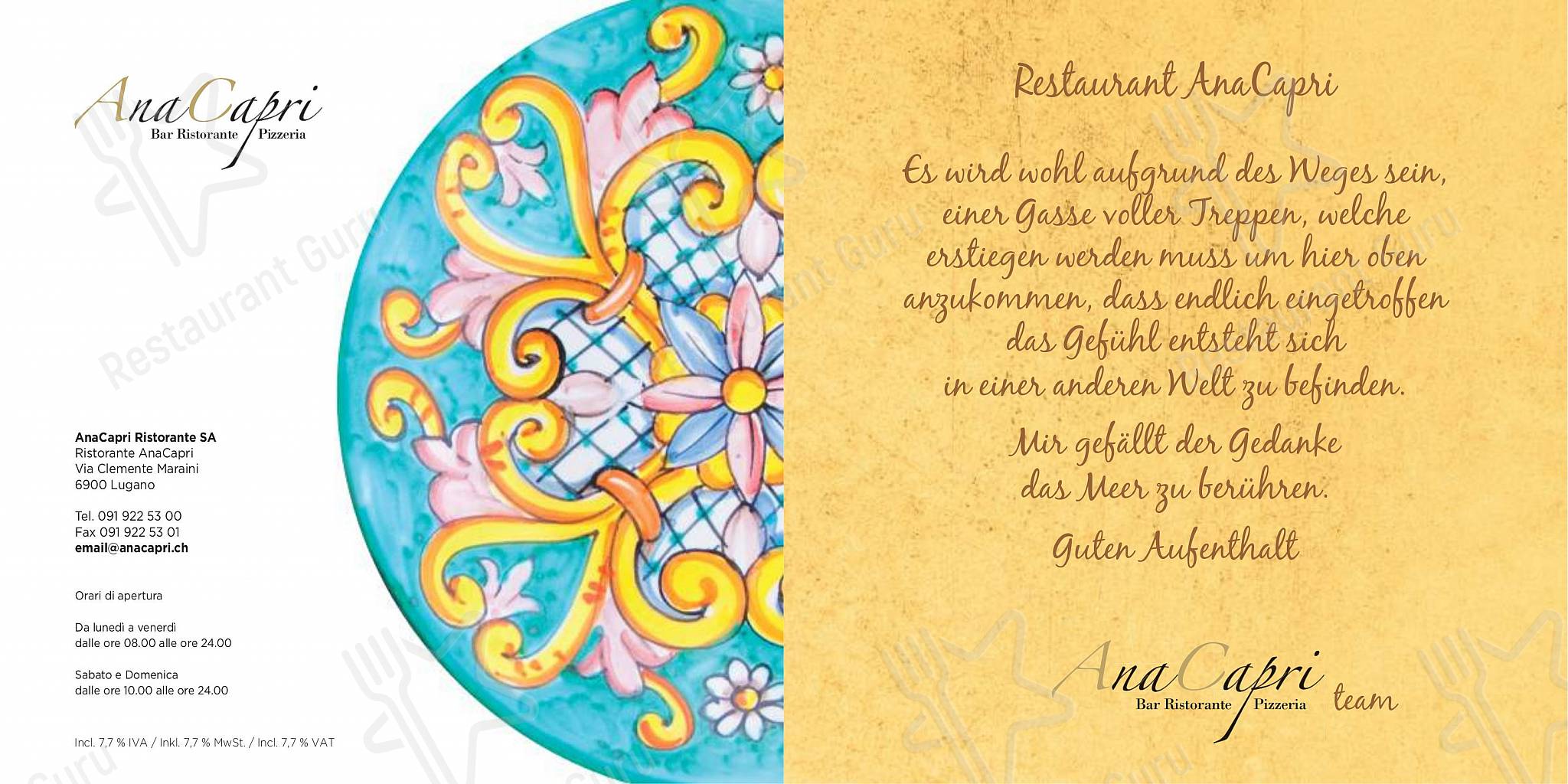 Ristorante Anacapri Lugano in Lugano - At Home Catering Menu