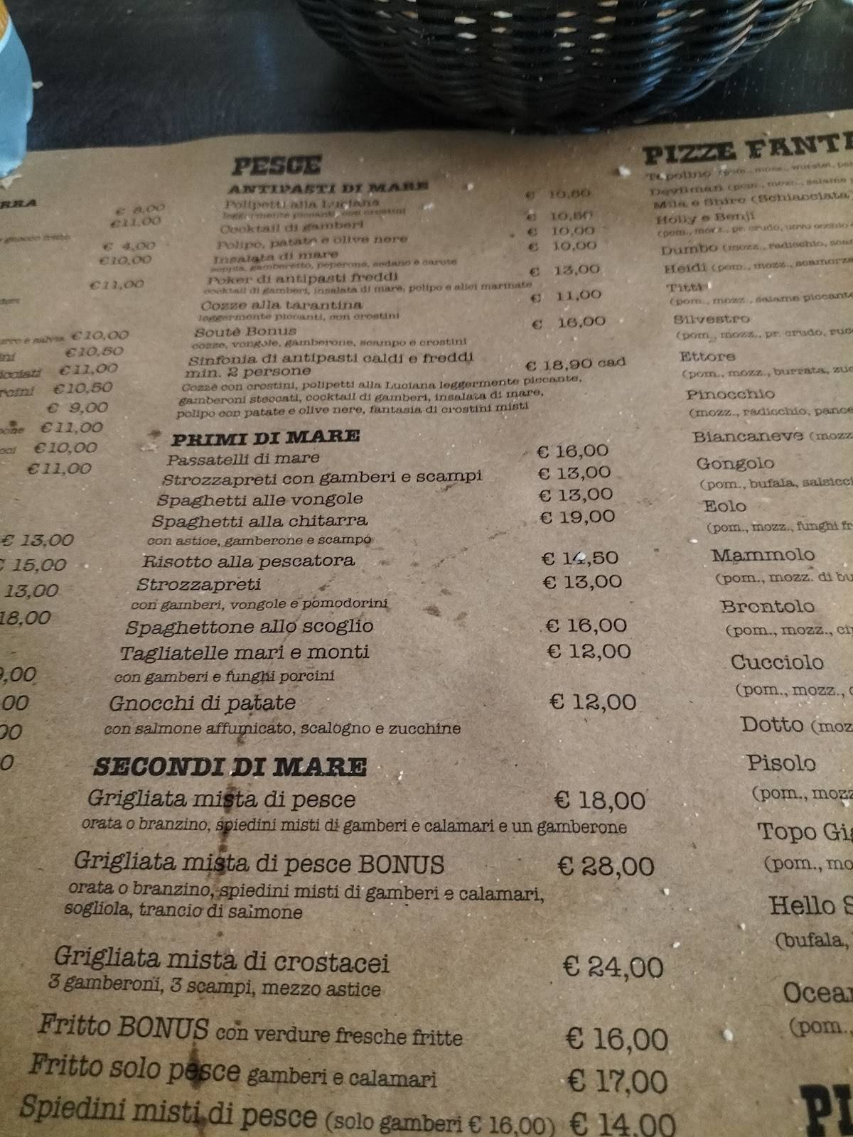 Menu di BONUS RISTORANTE PIZZERIA SPECIALITÀ PESCE 