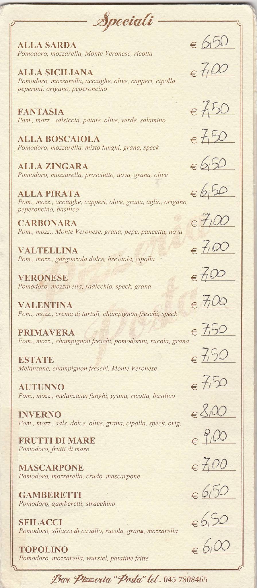 Menu di Pizzeria Bar Posta 
