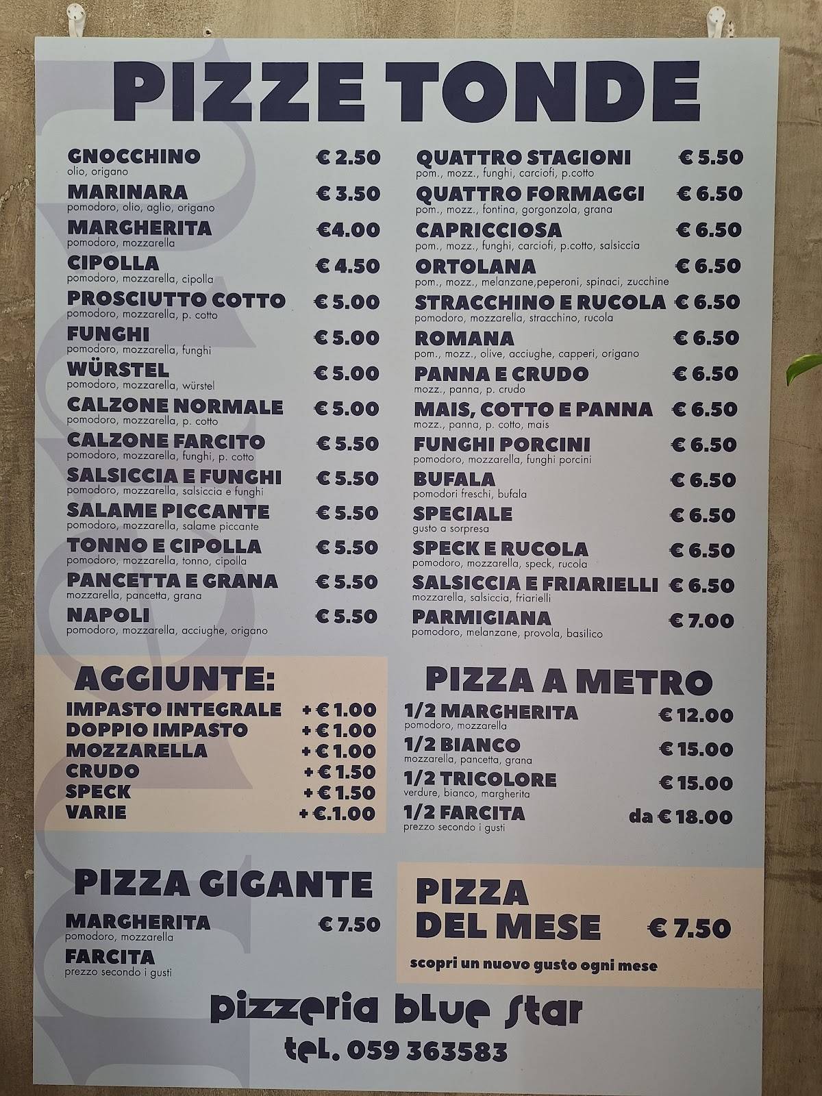 Menu di Pizzeria Blue Star 