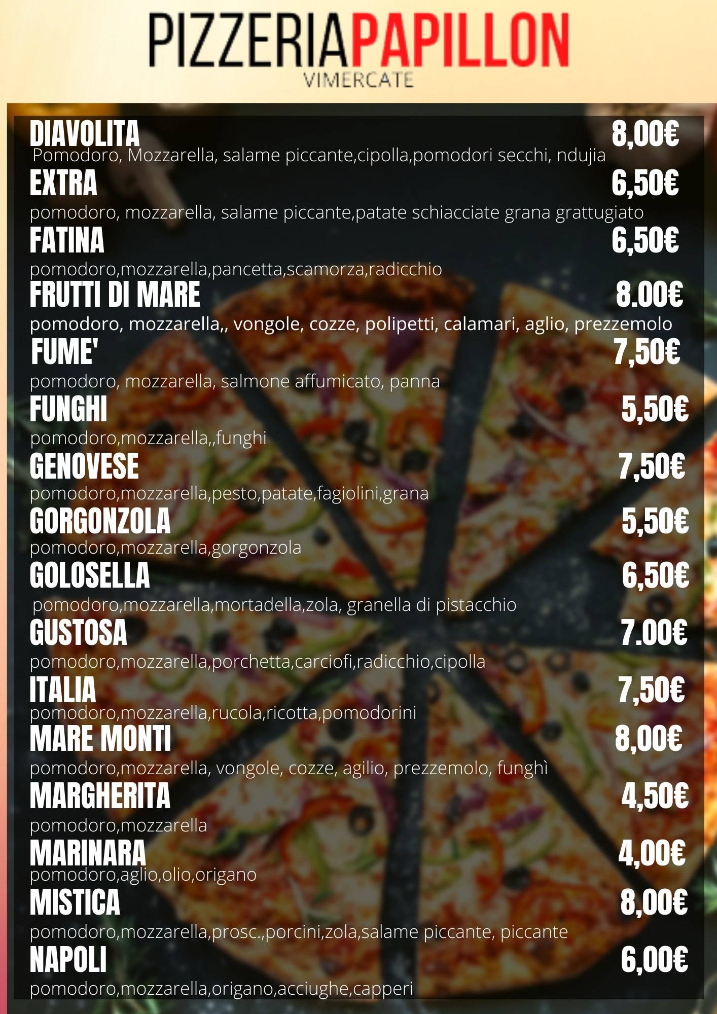 Menu di Pizzeria Papillon 