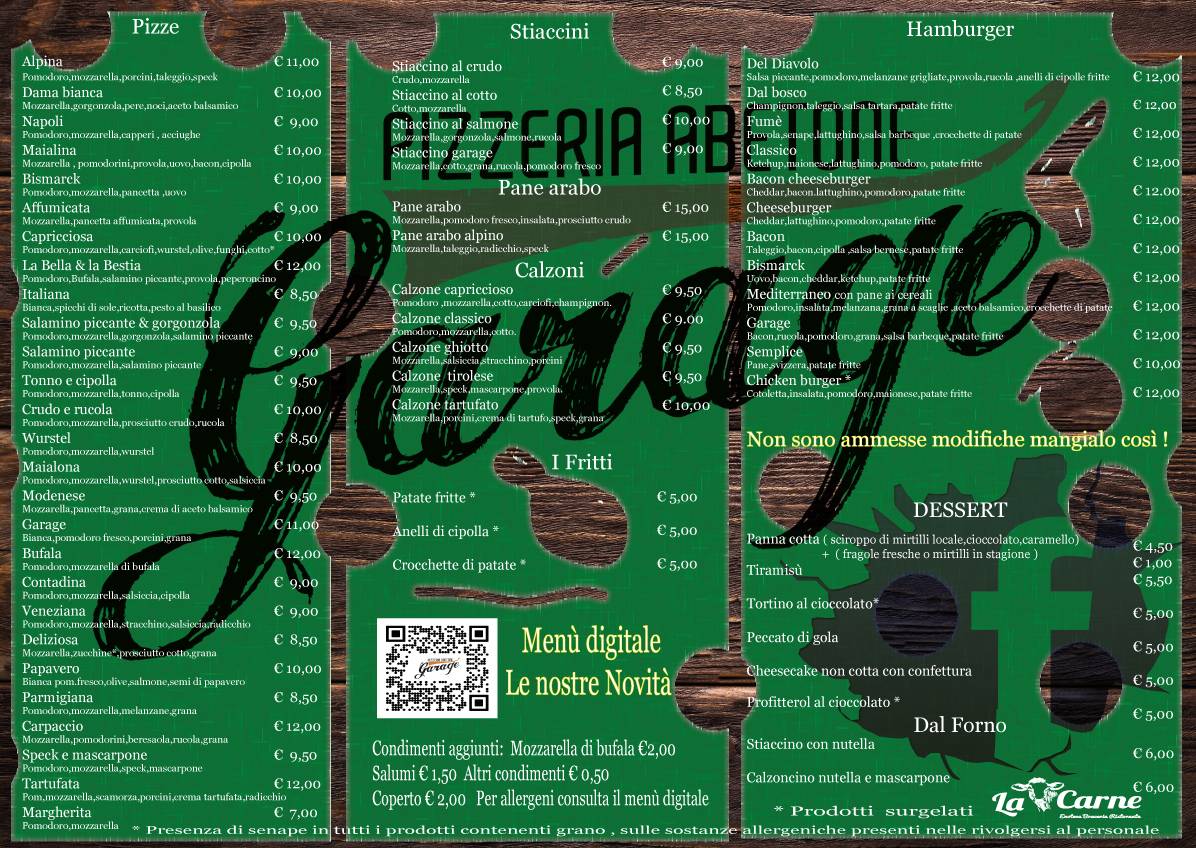 Menu di Pizzeria Hamburgeria Garage 