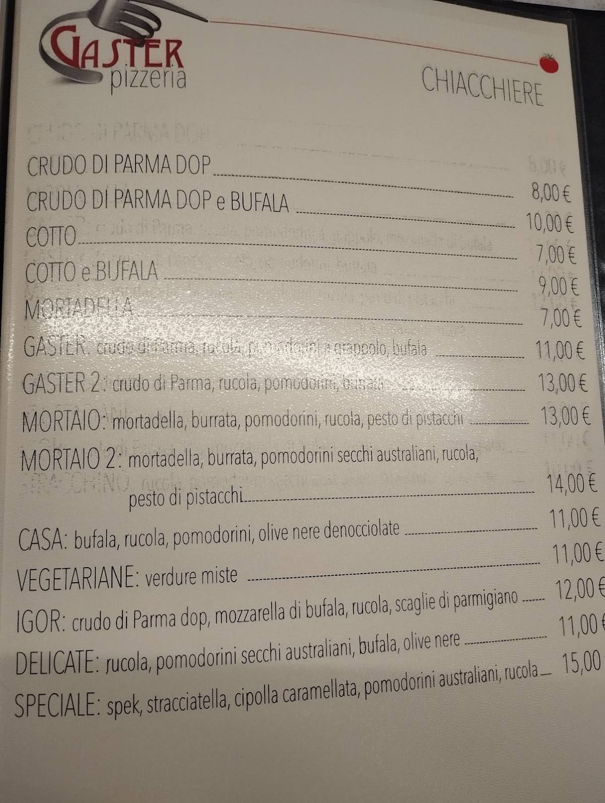 Menu di Pizzeria Gaster 