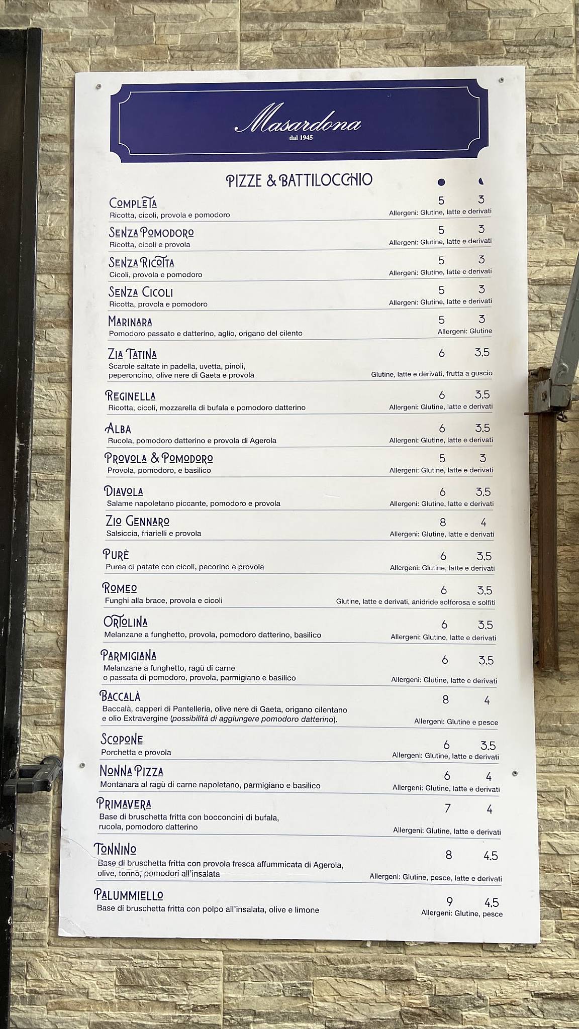 Menu di La Masardona 