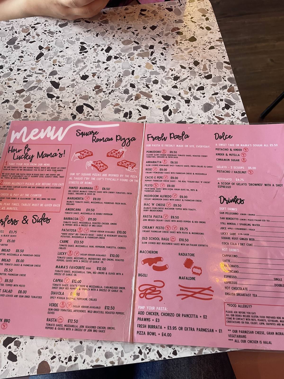 Carta de pizzería Lucky Mama's, Manchester, 565 Barlow Moor Rd