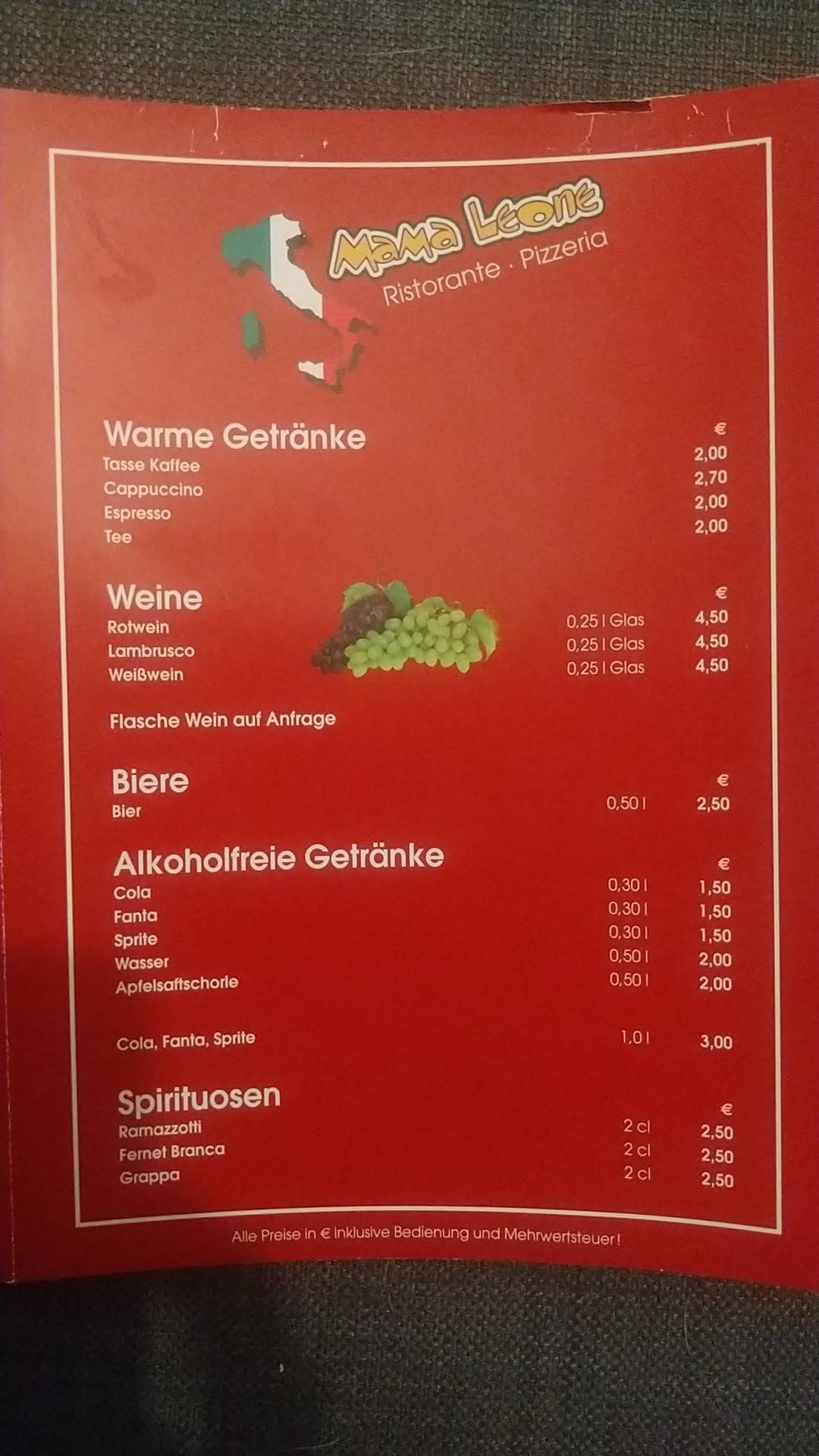 Speisekarte von Pizzeria Mama Leone, Osnabrück, Knollstraße 168a