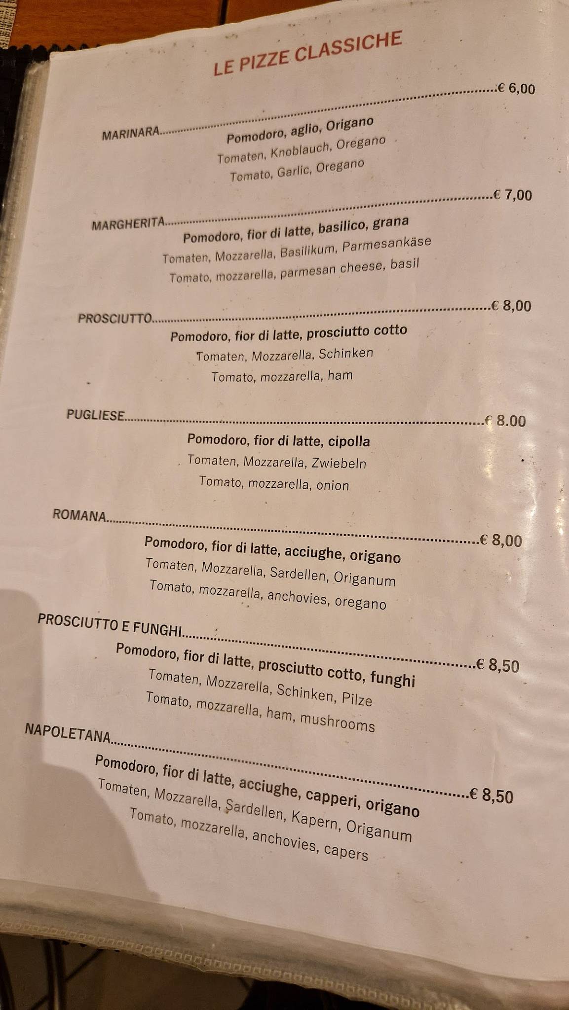 Menu di Pizzeria Pit Stop Lazise 