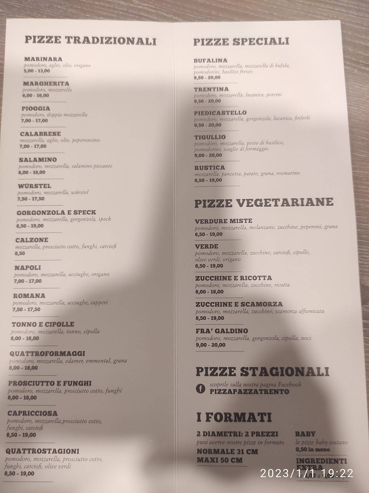 Menu di Pizza Pazza 