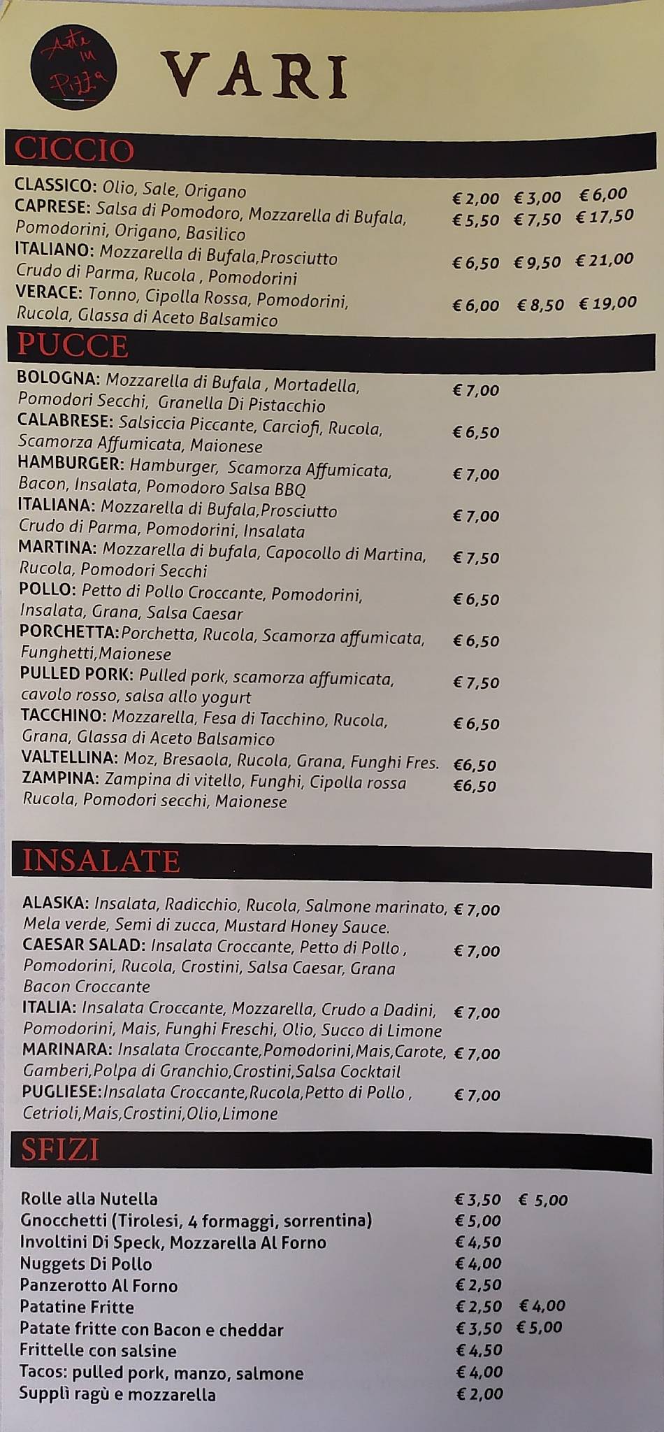 Menu di Pizzeria - Arte in pizza 