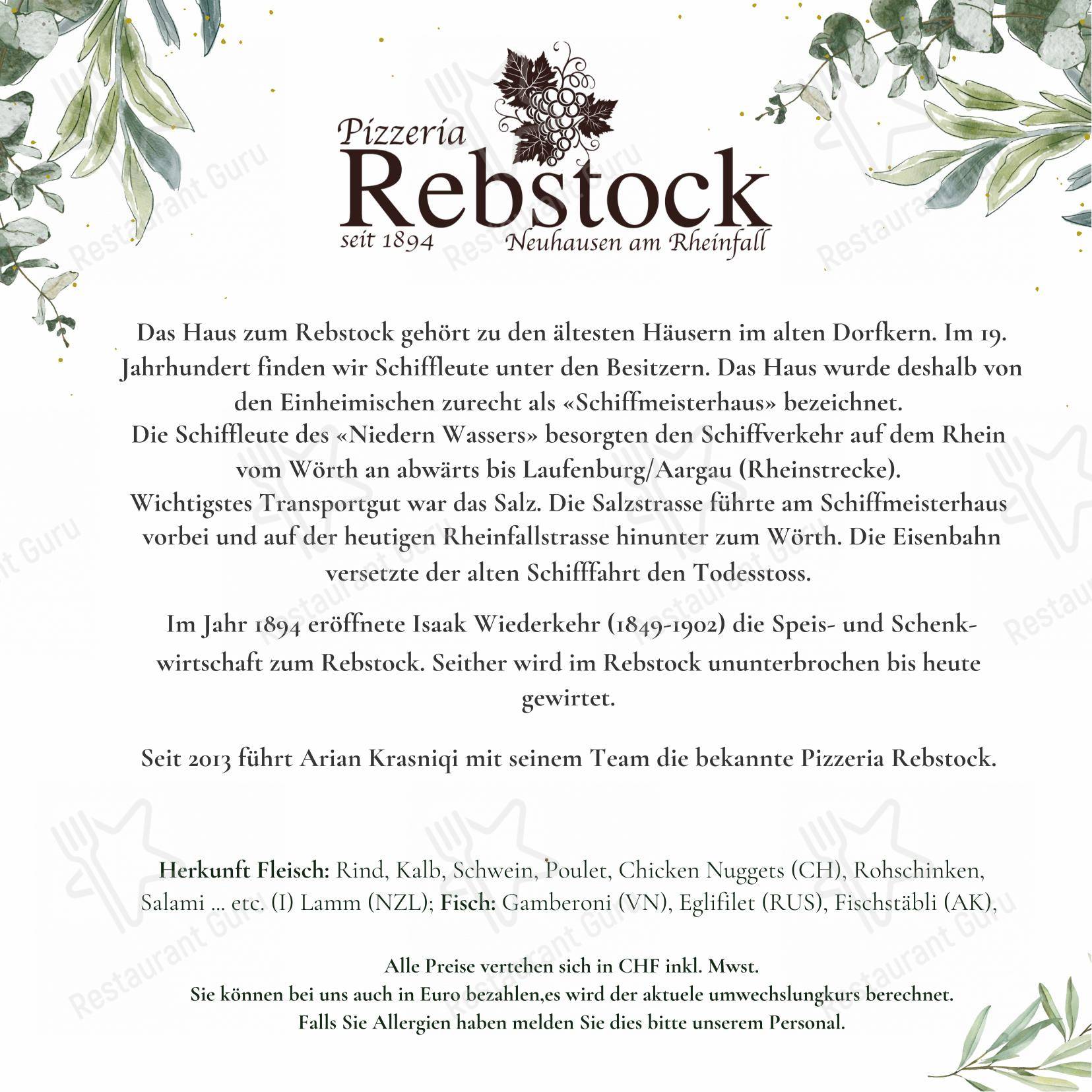 Menu per Pizzeria Rebstock pizzeria