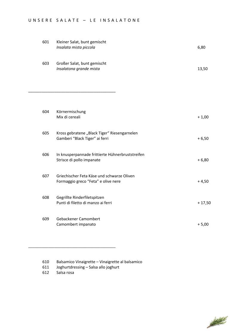 Menu di Pizzeria Restaurant Rosmarin 