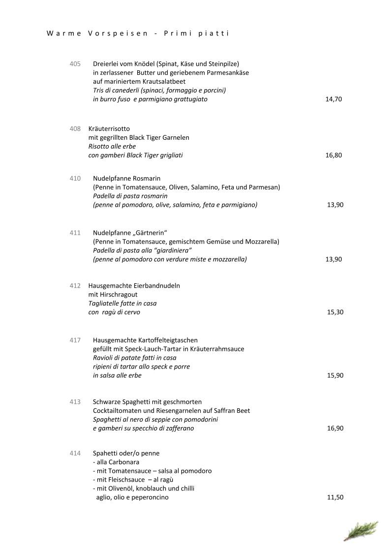 Menu di Pizzeria Restaurant Rosmarin 