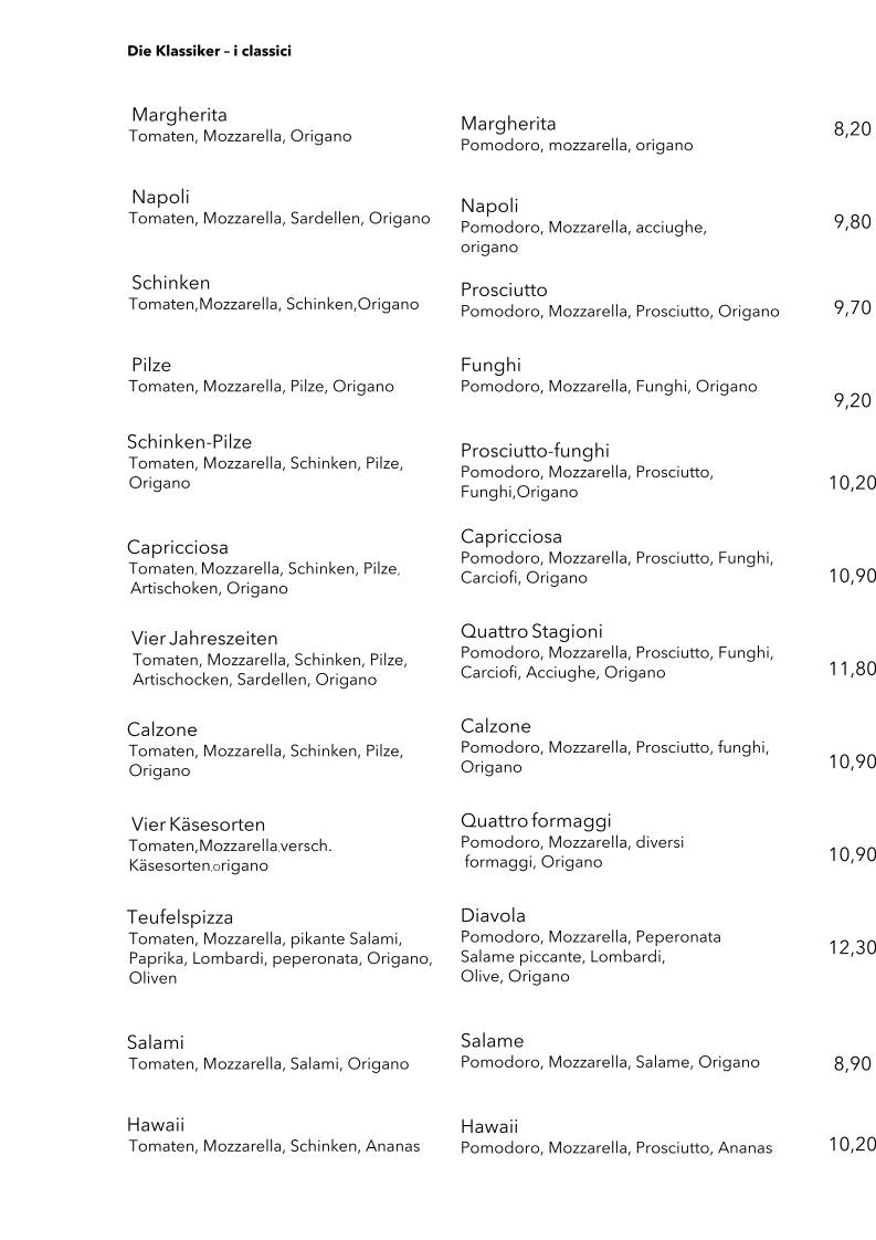 Menu di Pizzeria Restaurant Rosmarin 