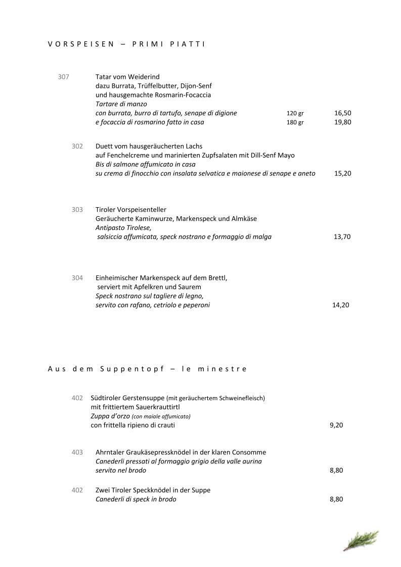 Menu di Pizzeria Restaurant Rosmarin 