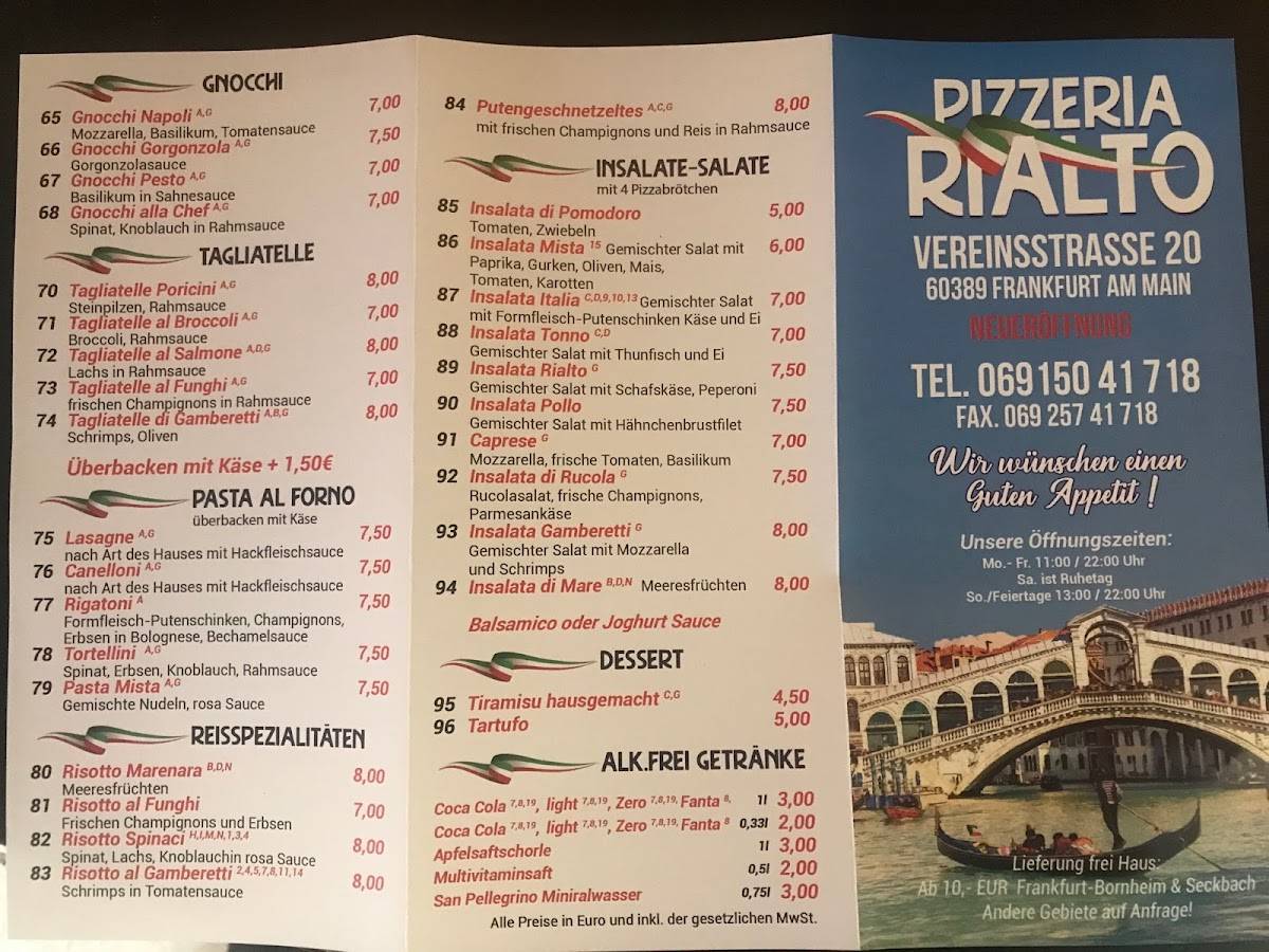 Speisekarte von Pizzeria Rialto, Frankfurt am Main, Vereinsstraße 20