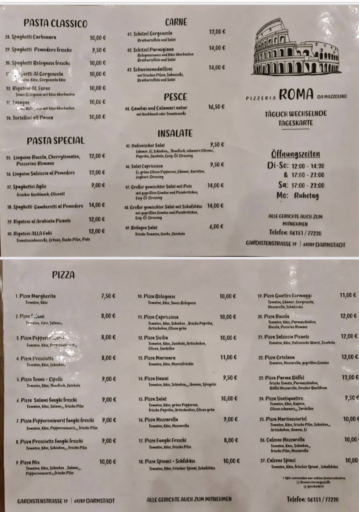 Speisekarte von Pizzeria Roma, Darmstadt, Gardistenstraße 19