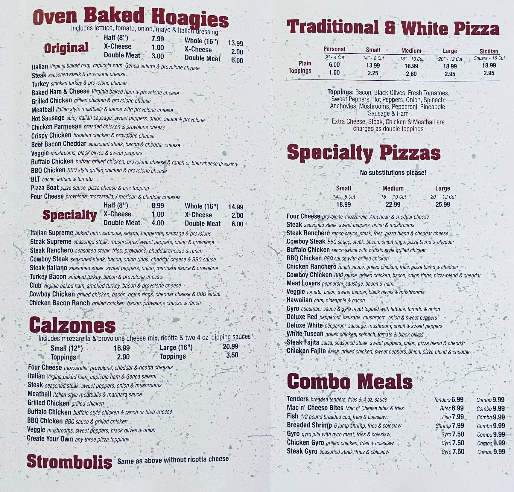 Menu at Stockman's Pizza pizzeria, Plum