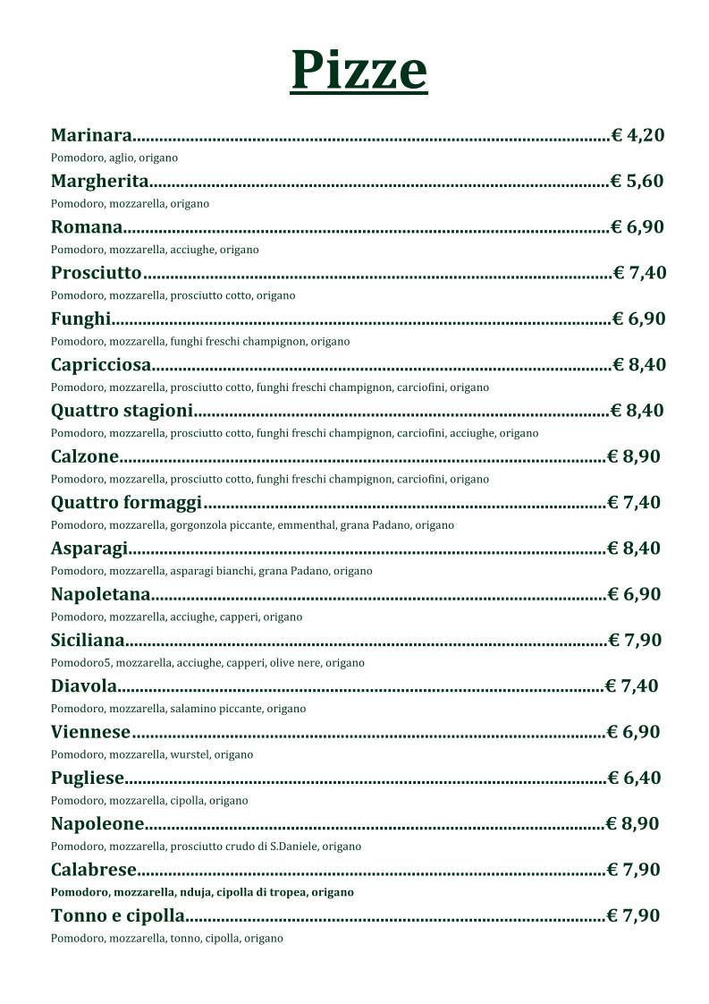 Menu di Pizzeria Trattoria Al Parini 