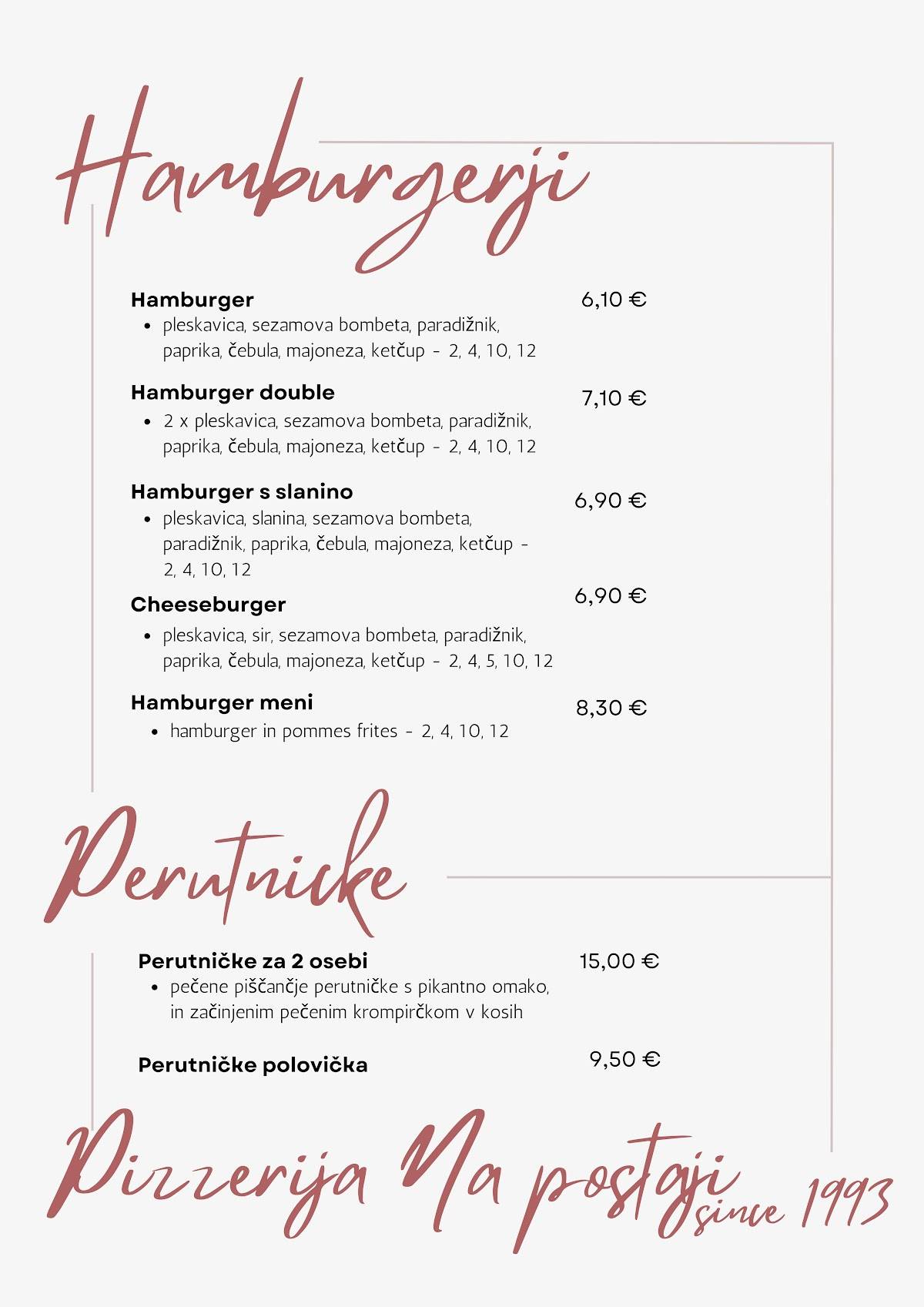Menu di Pizzerija na postaji Vladimir Frajdl s.p. 