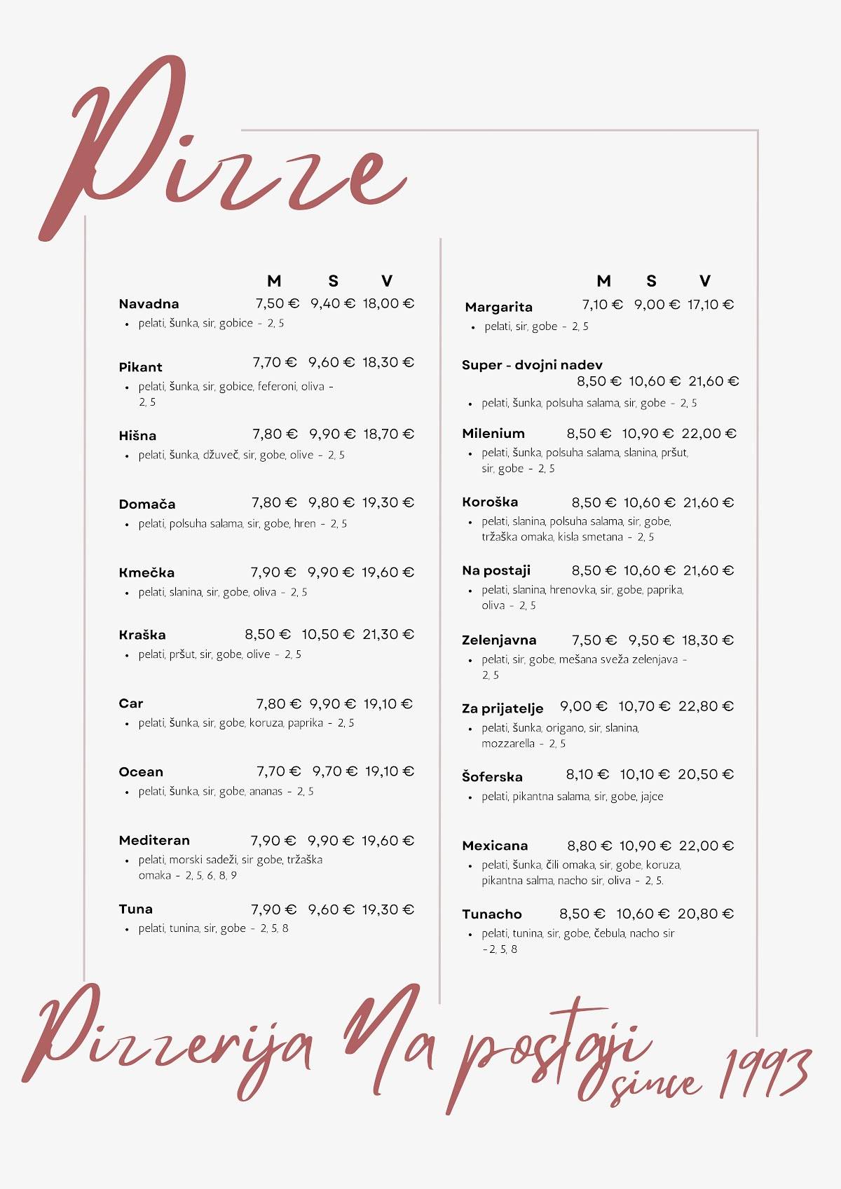 Menu di Pizzerija na postaji Vladimir Frajdl s.p. 