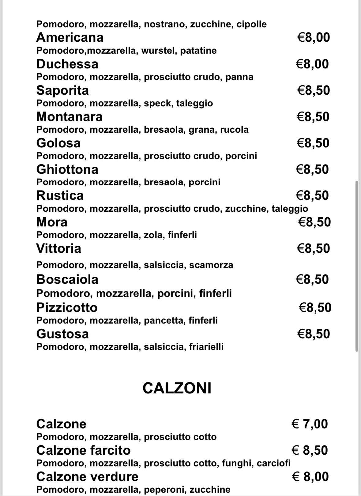 Menu di Pizzicotto 