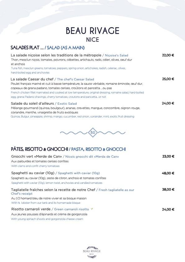 Menu de Plage Beau Rivage Nice