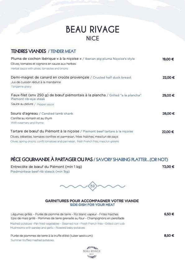Menu de Plage Beau Rivage Nice