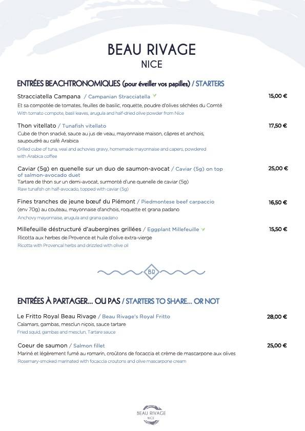 Menu de Plage Beau Rivage Nice