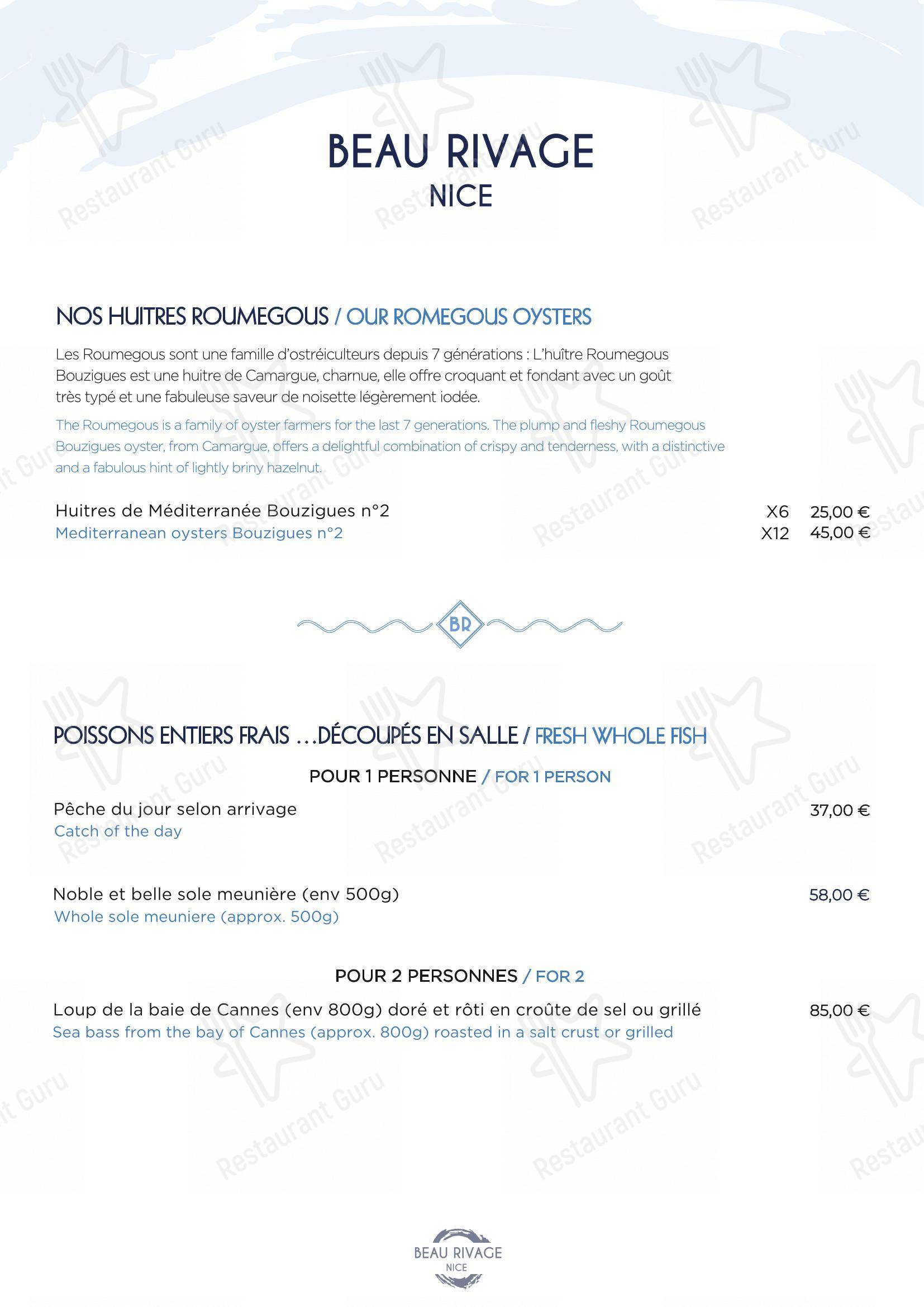 Menu pour Plage Beau Rivage Nice - Menu