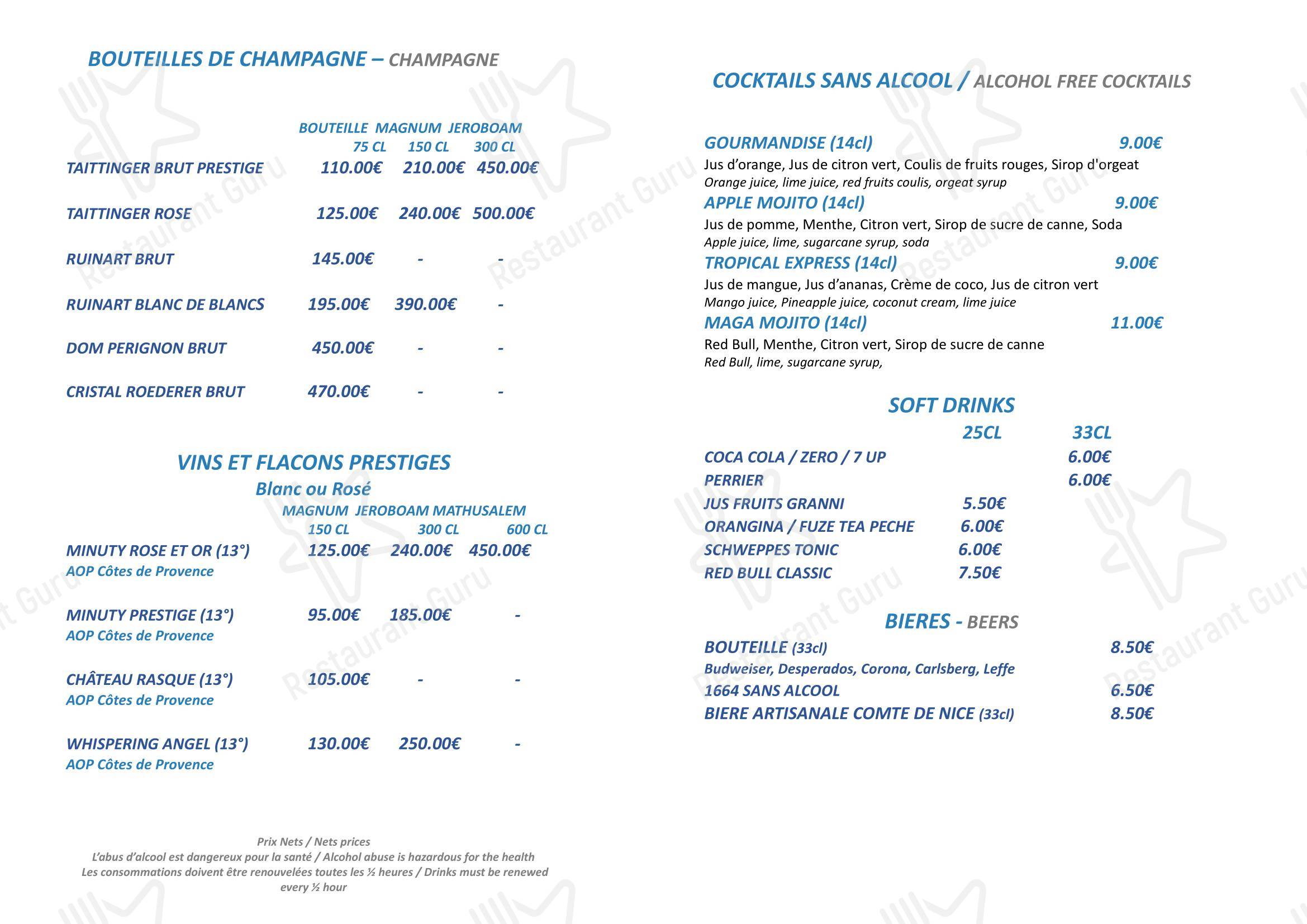 Menu pour Plage Beau Rivage Nice - 菜单
