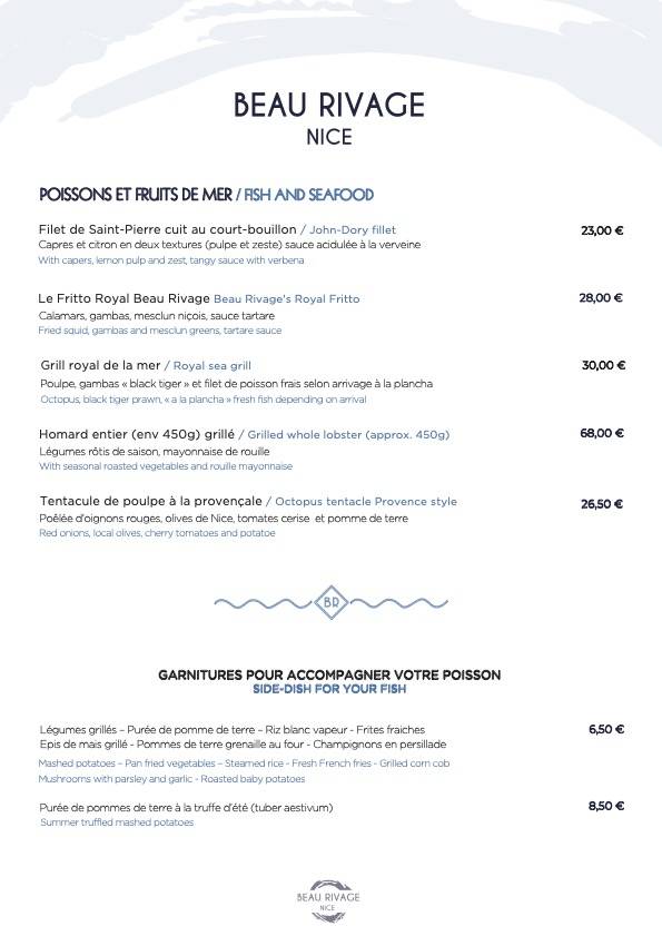 Menu de Plage Beau Rivage Nice