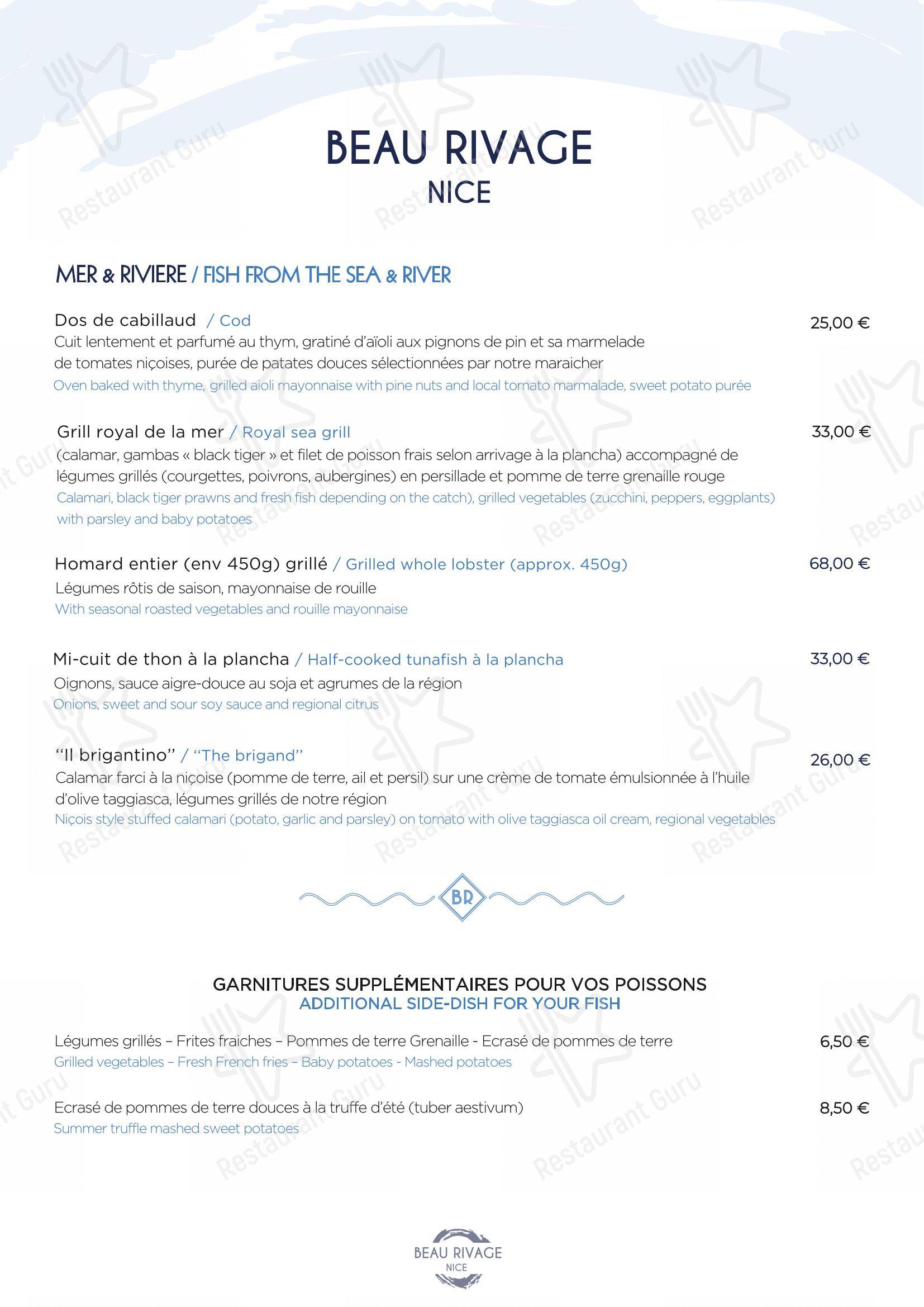 Menu pour Plage Beau Rivage Nice - Menu