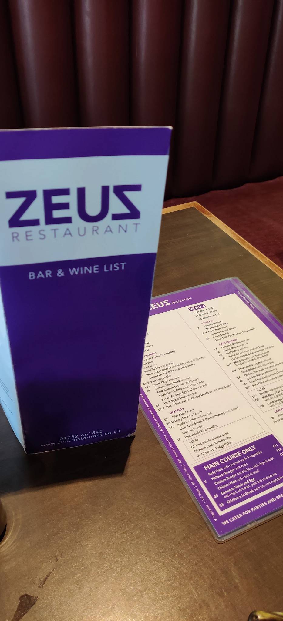 Menu at Zeus restaurant, Plymouth