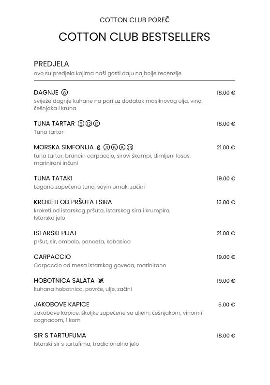 Menu di Cotton Club Porec 