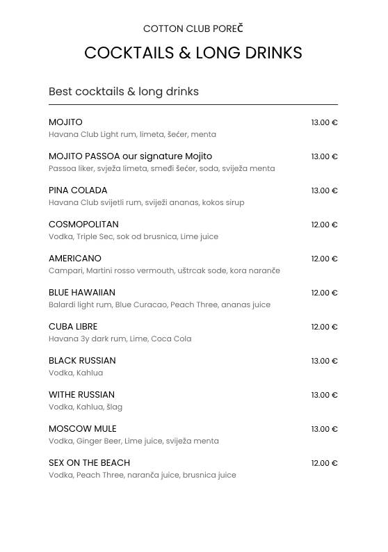 Menu di Cotton Club Porec 