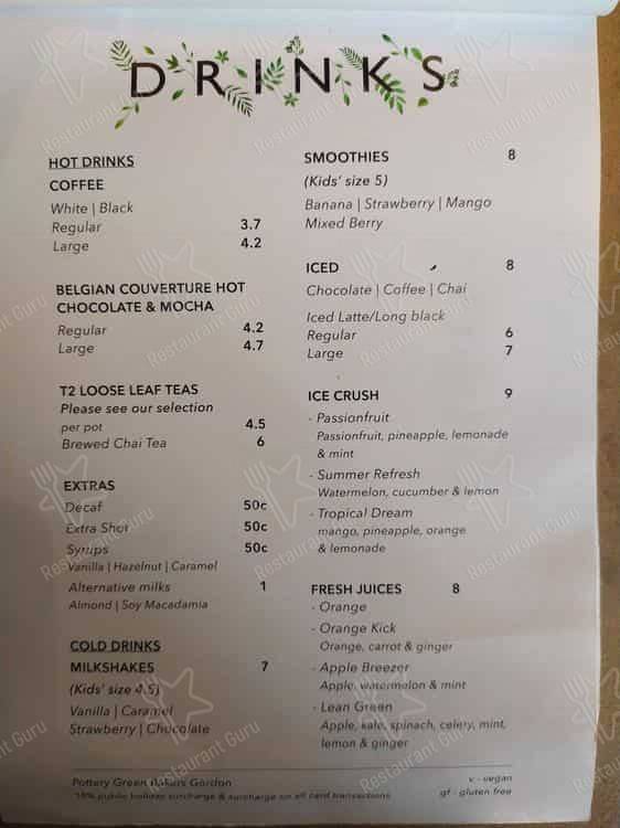 Menu at Pottery Green Bakers Turramurra cafe, Turramurra