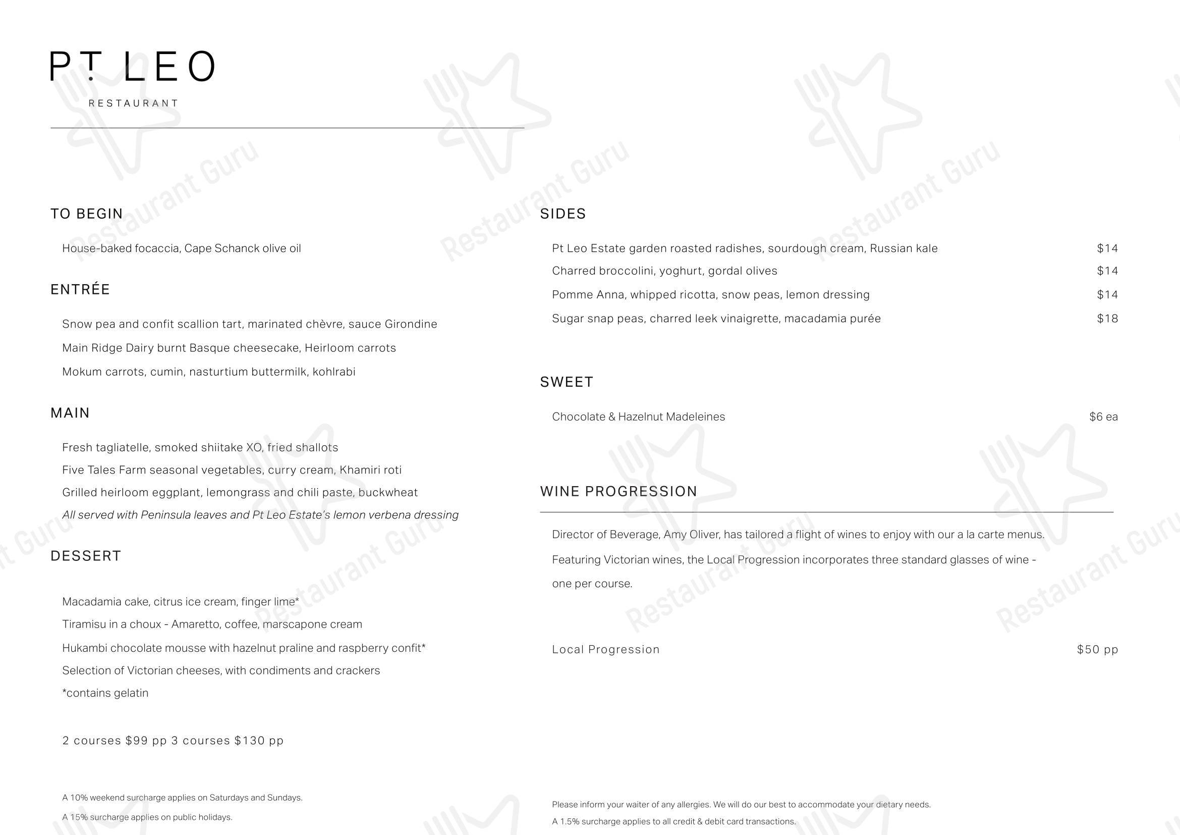 Menu at Pt. Leo Estate restaurant, Merricks