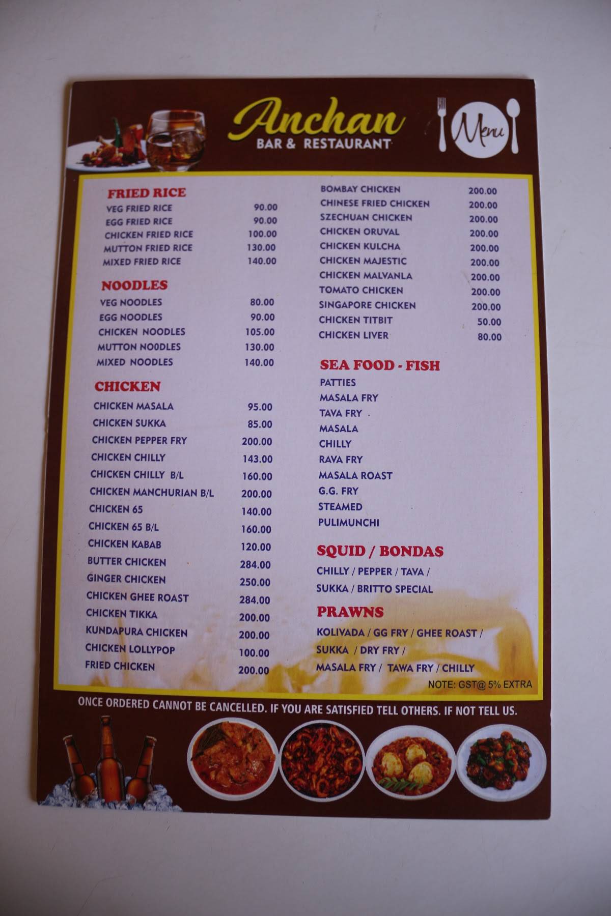 Anchan Bar & Restaurant menu